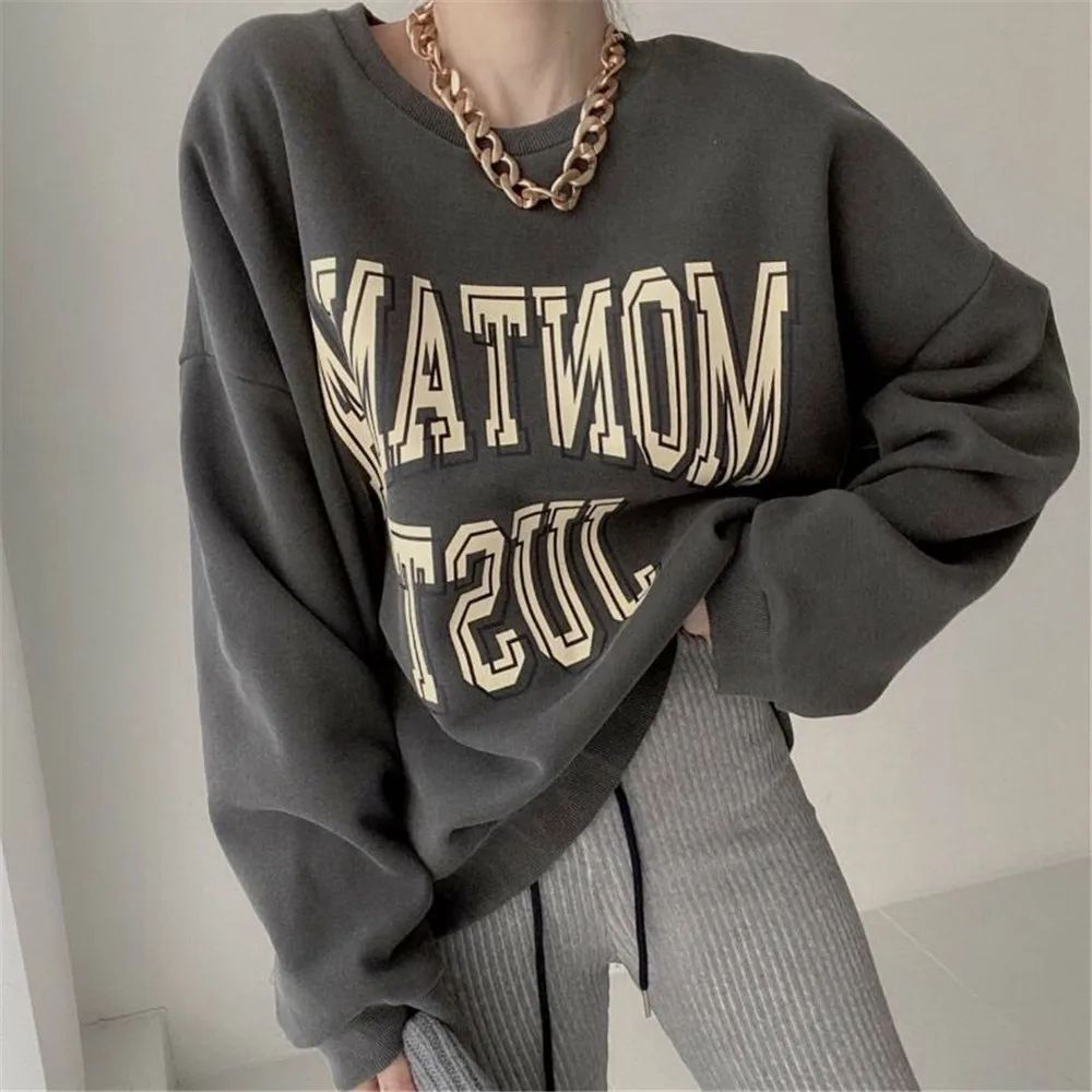 

Hoodie New 2022 Japan Korean Round Neck Letter Print Loose Pullover Round Neck Doll Sleeve Fashion Sweater Autumn Spring Tops