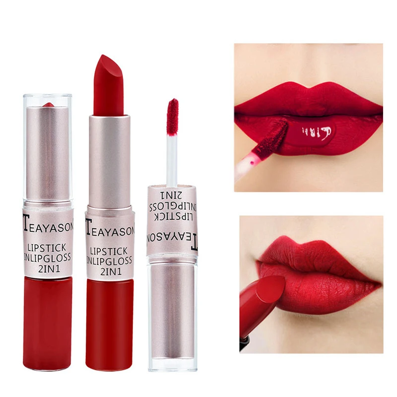

12 Colors Sexy Red Lipstick Matte Velvet Glossy Lip Glos Waterproof Dual Head Lip Gloss Makeup Korean Cosmetics Lip Stick