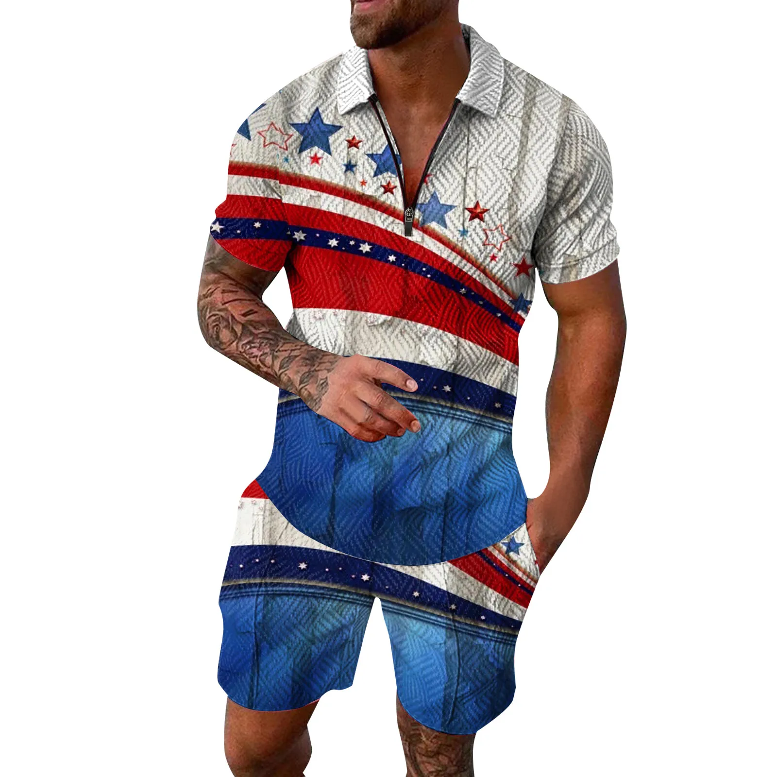 Men 4th Of July 2 Piece Suit Stripe Print Polo Shirt Breathable Shorts Male Set Ropa Hombre Streetwear Dailywear Conjuntos