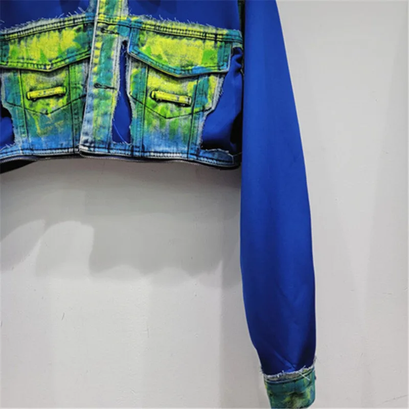 Осенняя модная джинсовая куртка с карманами в стиле пэчворк женская ковбойская