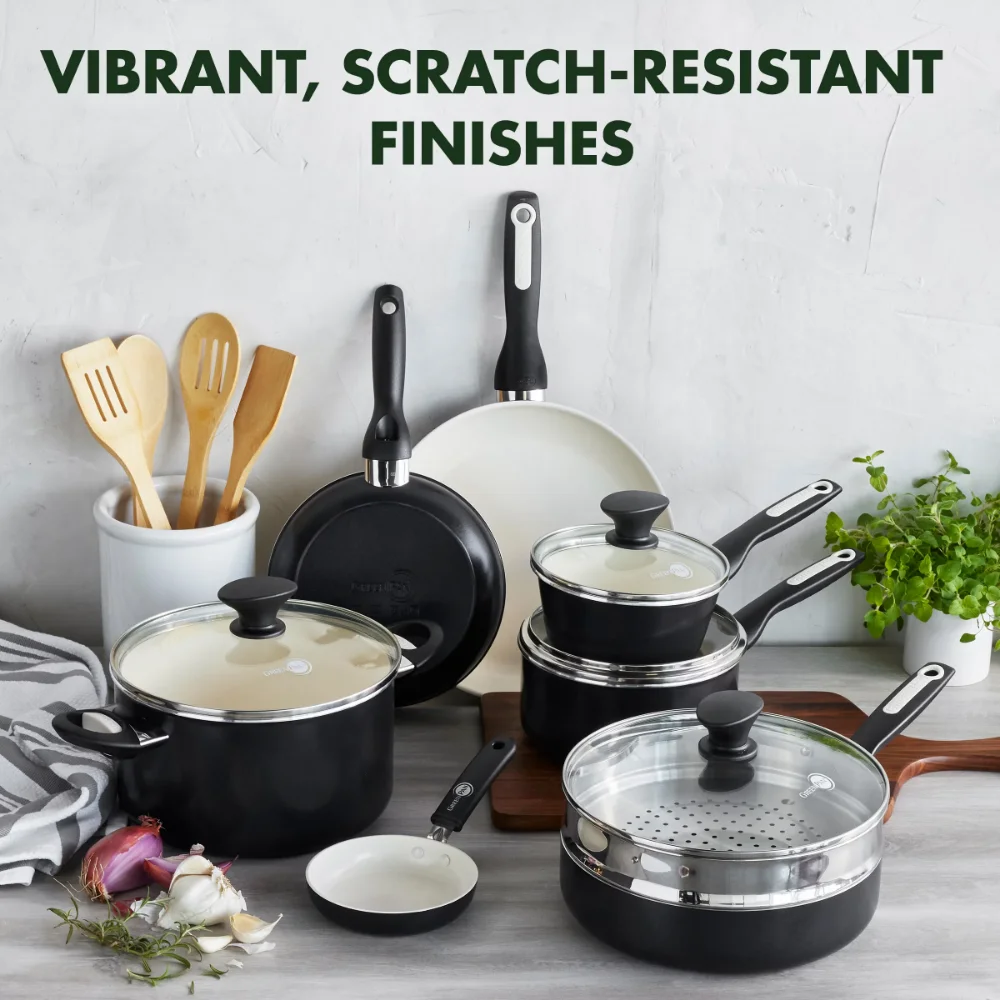 

Pots and Pans Set Kitchen Cookware Sets Rio Ceramic Nonstick 16-Piece Set, Black
