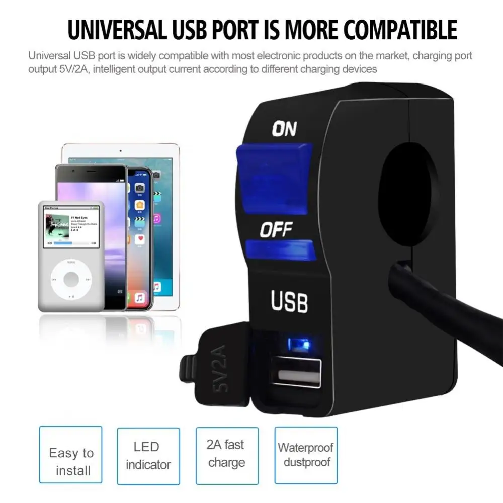 

DC 12V LED Indicator Motorcycle Handlebar Mount USB Phone Charger with Switch