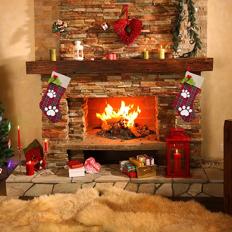 Рождественский клетчатый подвесной декор в виде лапы для камина праздничное