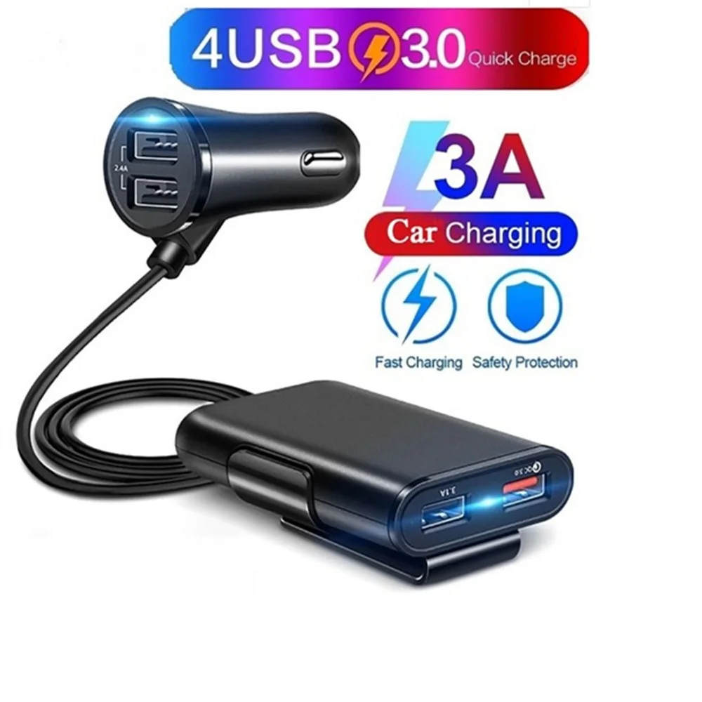 

Car Cigarette Lighter 4 Ports QC3.0+2.4A+3.1A USB Car Charger USB Fast Adapter with 5.6ft Extension Cable For Iphone Samsung LG