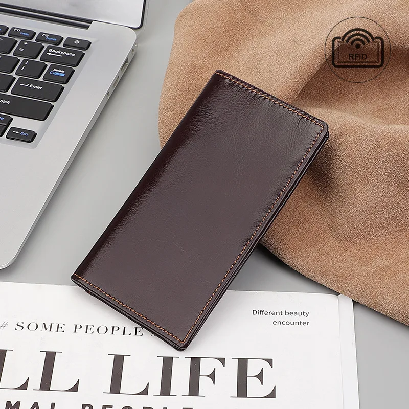 Retro Genuine Leather Men's Wallet Long Oil Wax Leather Wallet RFID Blocking Anti-theft 12 Card Holder Men Purse Wholesale