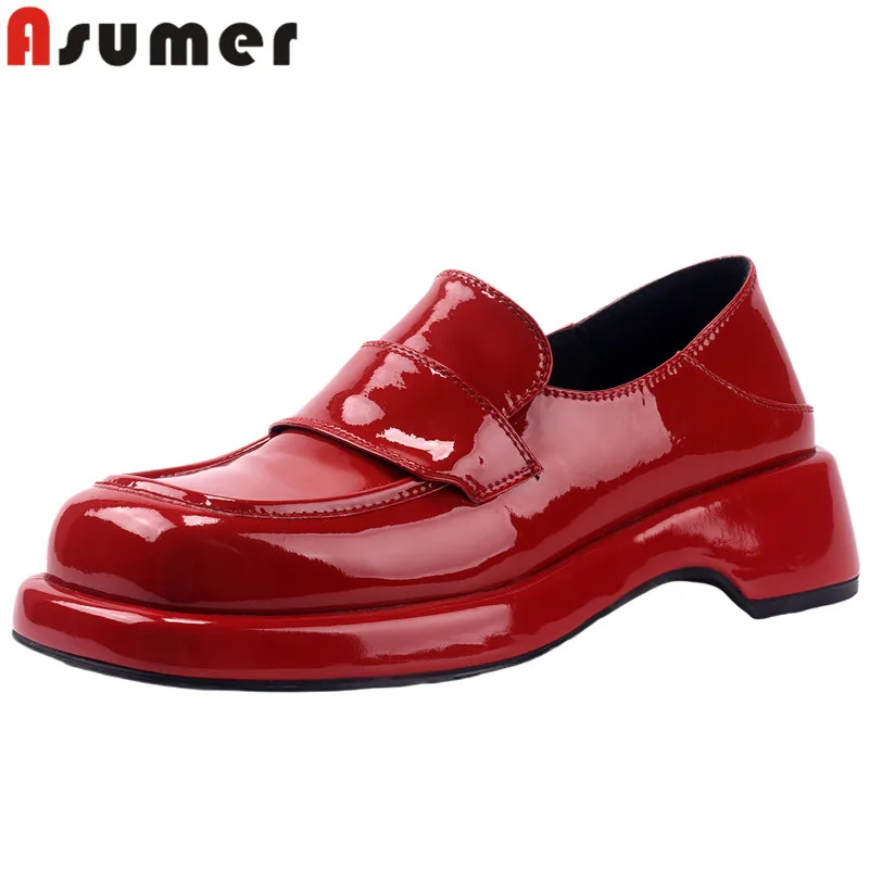 

ASUMER 2023 New Patent Leather Loafers Shoes Woman Cool Square Med Heels Pumps Slip On Ladies Platform Dress Shoes