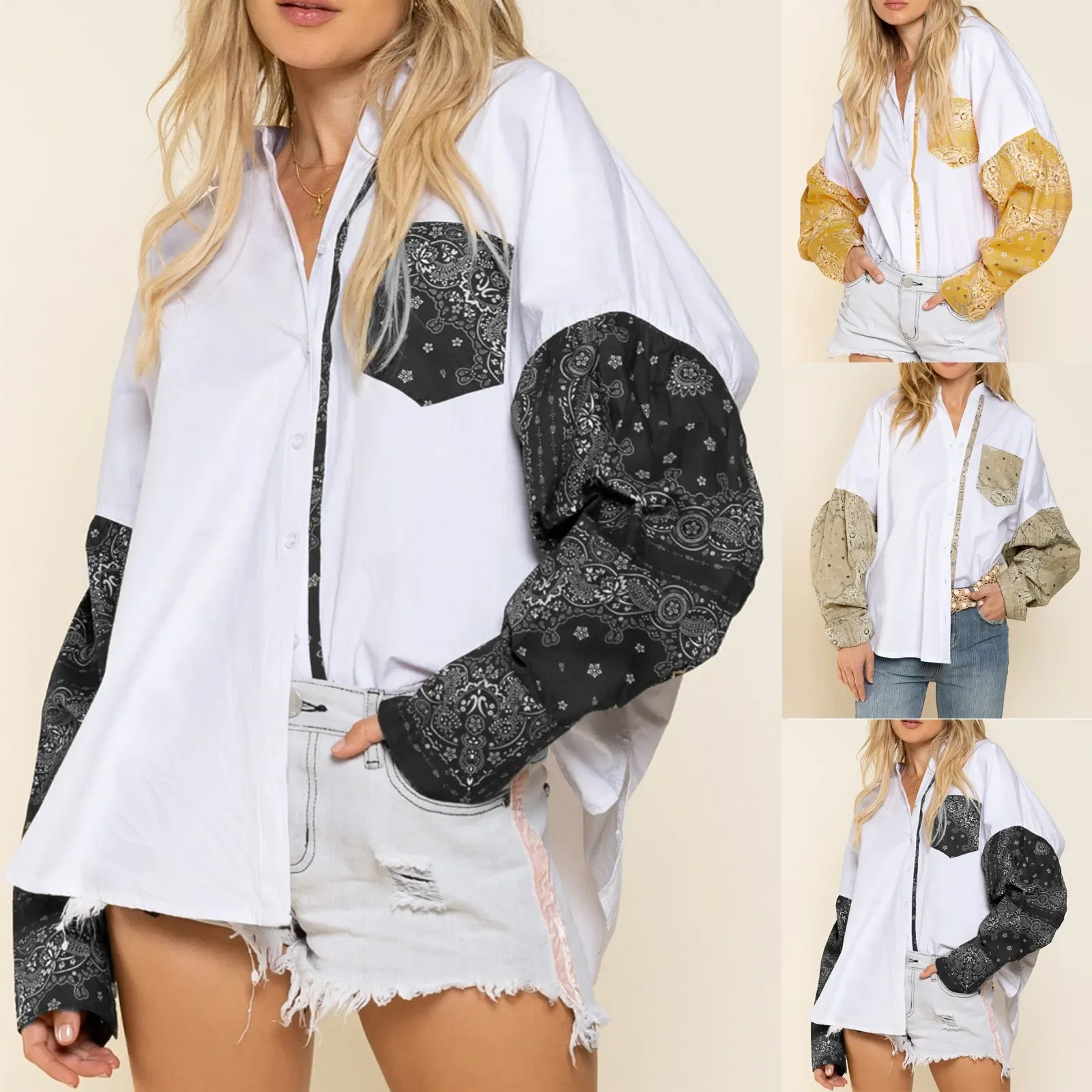 

Popular Hot Selling Chiffon Shirt Korean Color Contrast Printing Long Sleeve Asymmetric Splicing Versatile Women's Blouses