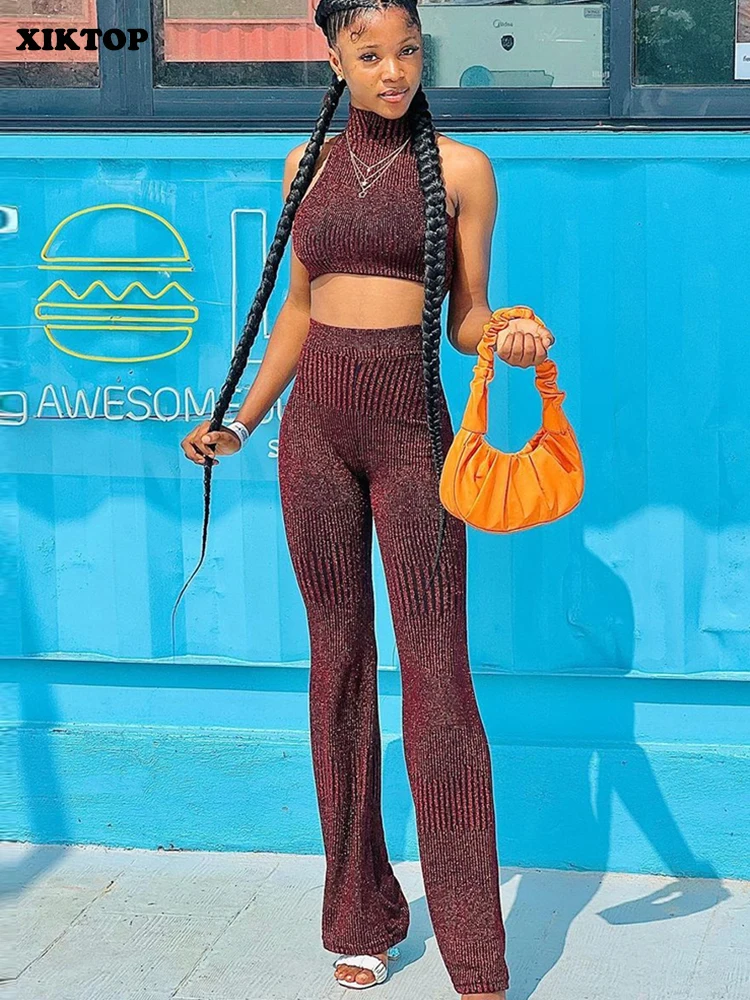 

Комплект одежды XIKTOP Y2K женский из 2 предметов, пикантный короткий топ без рукавов и прямые брюки-стрейч, офисный спортивный костюм, повседнев...