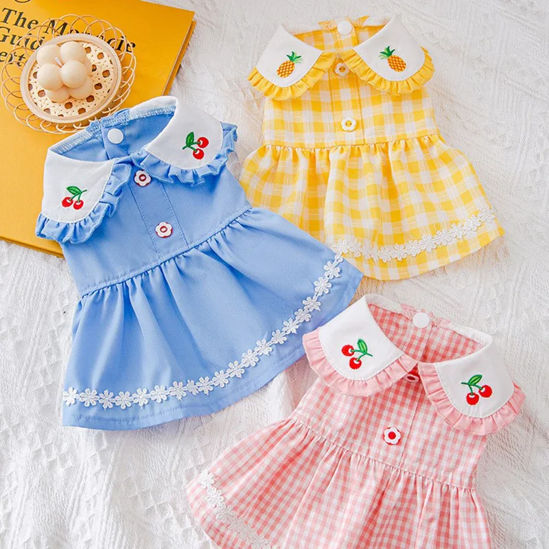 

Cherry Embroidered Pet Skirt Puppy Dress Country Style Dog Clothes Teddy Plaid Shirt Bitch Princess Skirt Birthday Gift