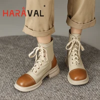 haraval women fashion elegant ankle boots thick low heels stretch cross lace up design zipper casual rounded toe black brown