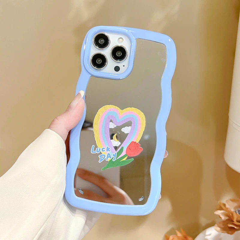 

Luxury Mirror Curly Wave Case For iPhone13 11 12 Pro X XR XS Max 7 8 Plus Aesthetic Cartoon Makeup Shockproof Back Cover Funda