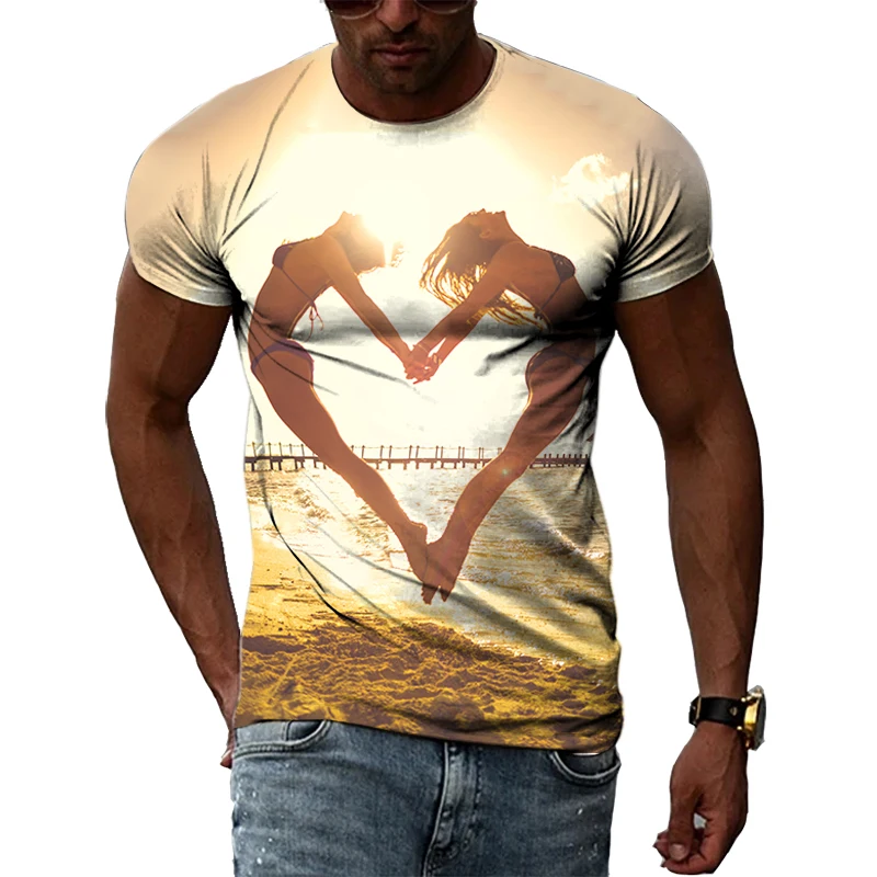 

Beach series shirt men's 3D fun printed T-shirt men's summer beauty girl graphic surfing fitness loose short sleeved T-shirt