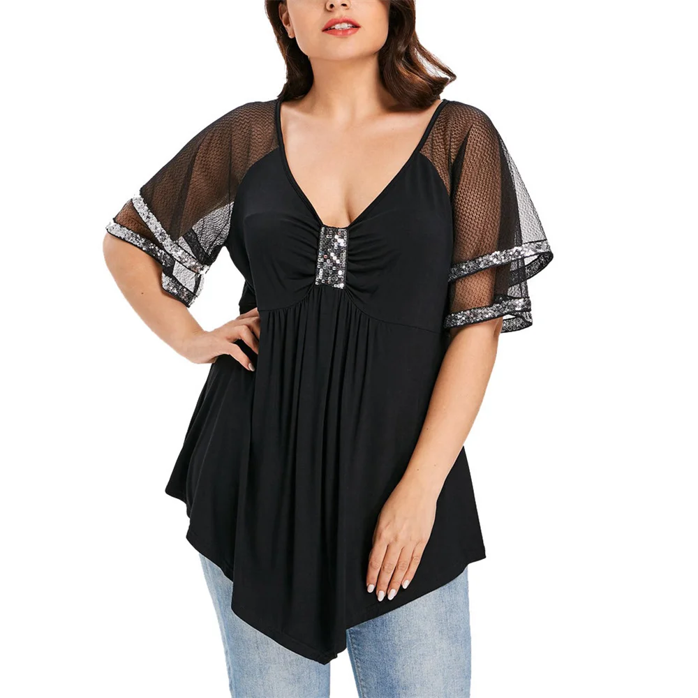 

5XL Plus Size Chiffon Tunic Shirt Short Sleeve Irregular Peplum Tops V-neck Elegant Loose Blouse For Women Summer Street Wear