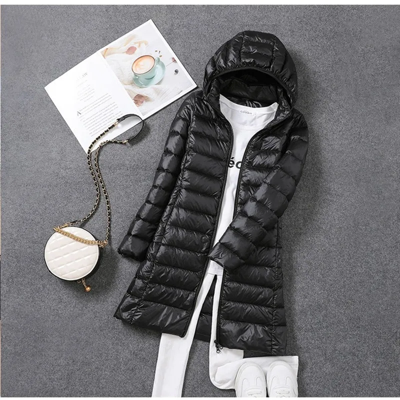 Women Down Jacket 2023 New Ultralight Thin Packable Down Long Jacket  Female Hat Detachable Slim Fit Skirt Coat Portable Outwear