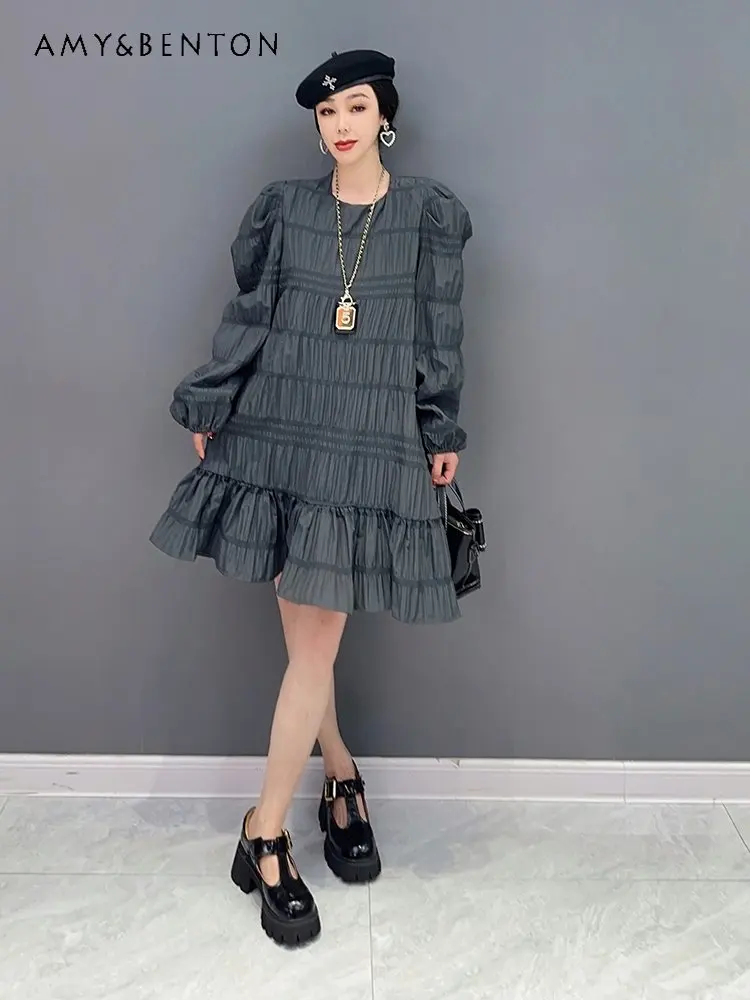 European Station 2023 Spring New Korean Style Fashion Graceful Puff Sleeve Slimming Dress Casual Women's Solid Color Dress