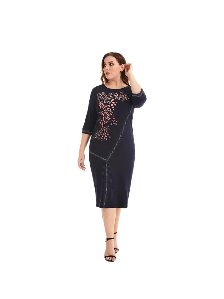 New Summer Oversized Women's Wear Splice Burnt Flower Hot Diamond French Dress plus size dresses