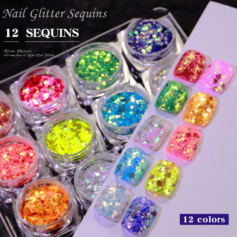 

12pcs/set Nail Glitter Powder Dust Iridescent Flakes Sequins Gold Silver Super Shining Paillette Nail Art Manicure Decorations