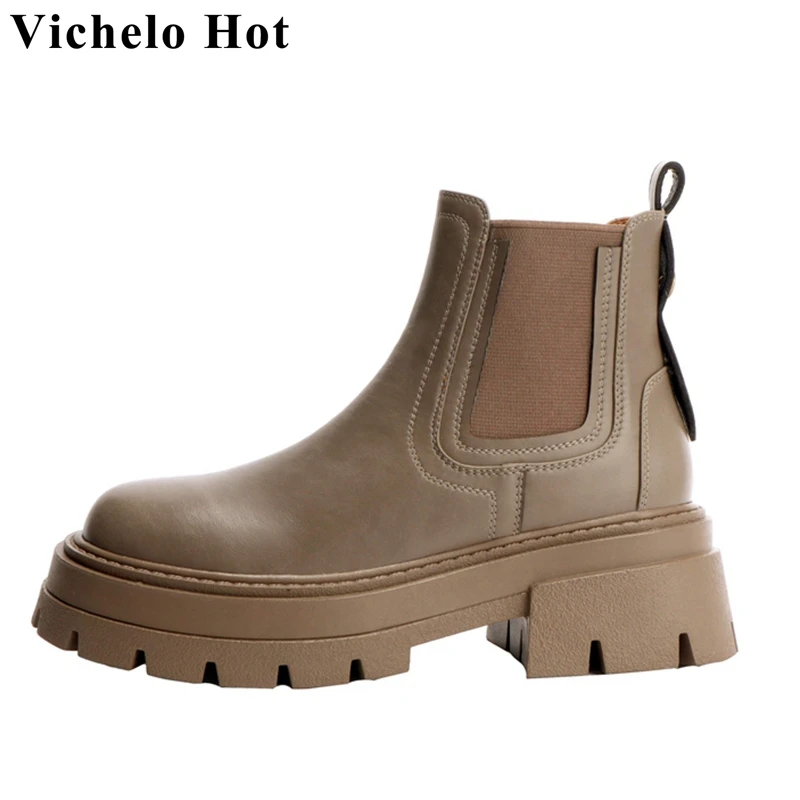 

Vichelo Hot Full Grain Leather Round Toe Med Heels Chelsea Boots Sewing Thread Rivets Thick Bottom Vintage Slip on Ankle Boots