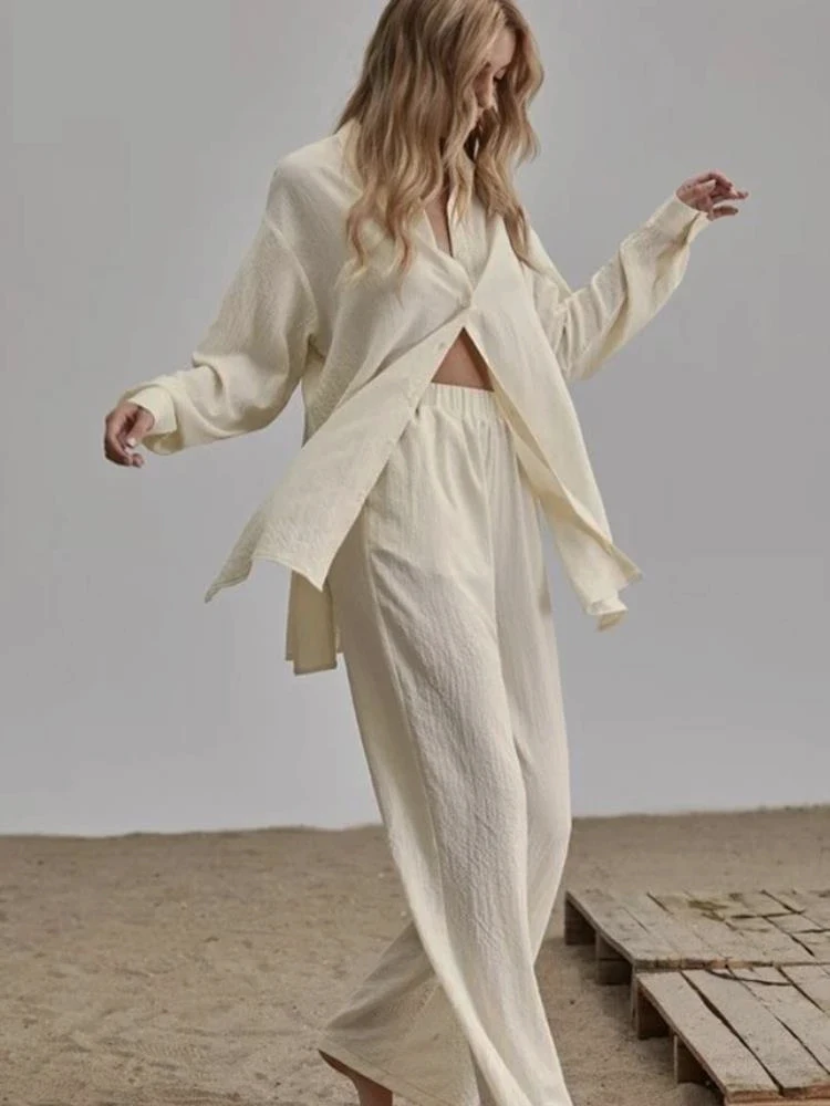 

Elegant Pajamas Loose Women Shirt Trouser Suits Long Sleeve Lapel Shirts And Elastic High Wasit Pants 2 Pieces Set Office Outfit