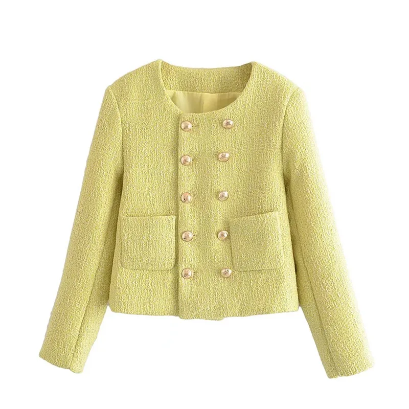 

2022 Za Woman Casual Traf Coats Autumn Crew Neck Ornate Buttons Tweed Woolen Jacket Patch Pockets Blazers Crop Tops