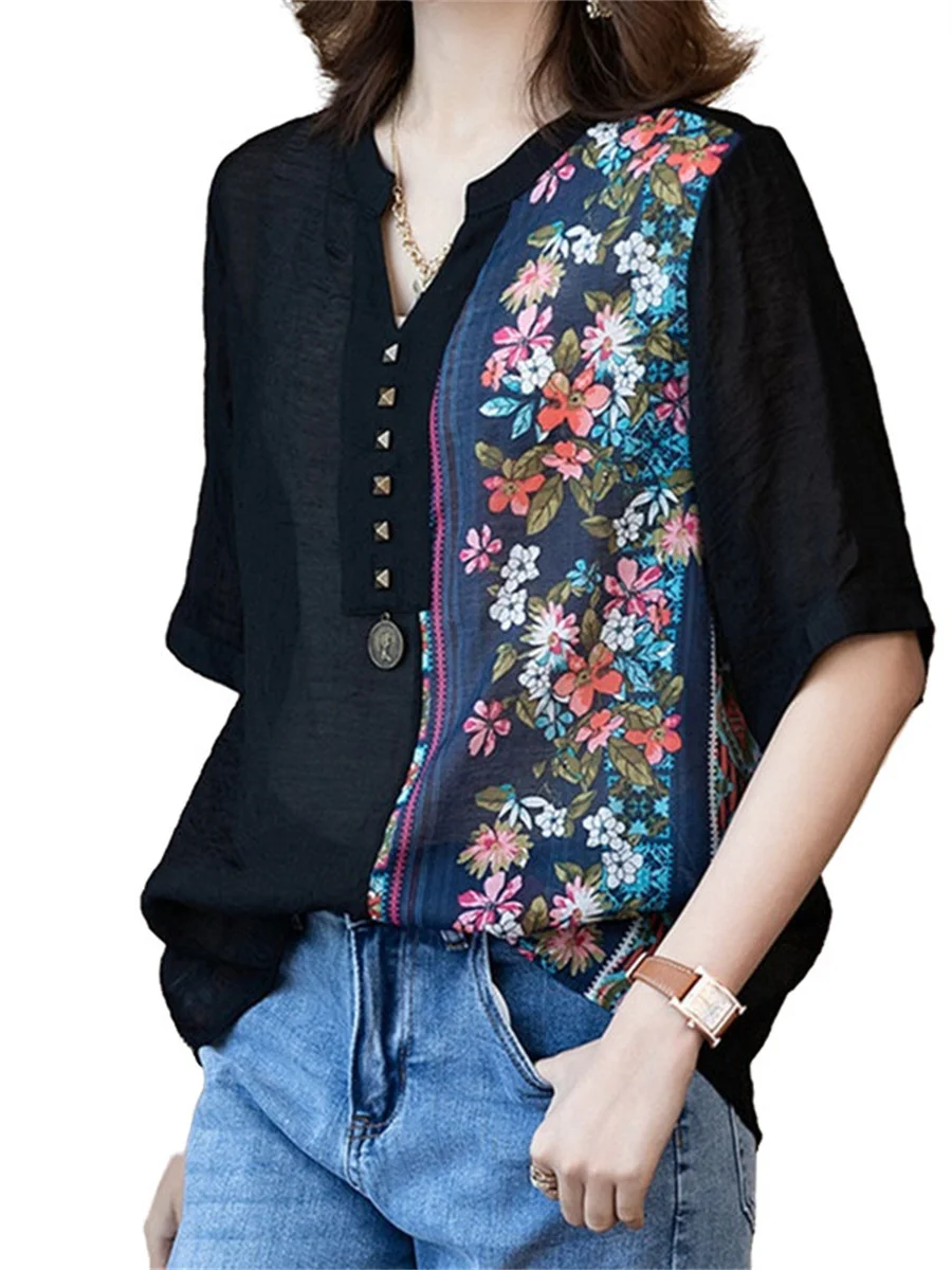 

4XL Loose Women Spring Summer Blouses Shirts Lady Fashion Casual Half Sleeve V-Neck Retro Printing Blusas Tops CT0360