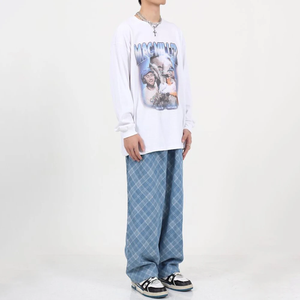 Men Jeans Plaid Baggy Jeans Fashion Loose Straight Wide Leg Pants Streetwear Harajuku Trousers Oversize Hip Hop High Street