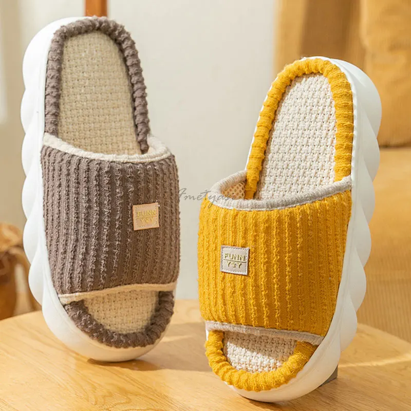 Casual Women Home Slippers Flax Solid Striped House Slippers Non-Slip Female Indoor Platform Shoes for Woman Bedroom Slippers