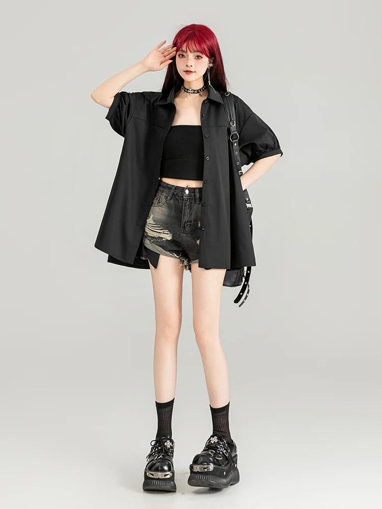 Летняя Тяжелая промышленная Вышивка бабочки черная рубашка с коротким рукавом