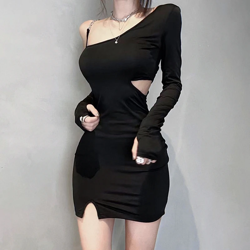 

Women Spring Autumn Casual Dress, Long Sleeve One-Shoulder Solid Color Hollow-Out Backless Short Dress
