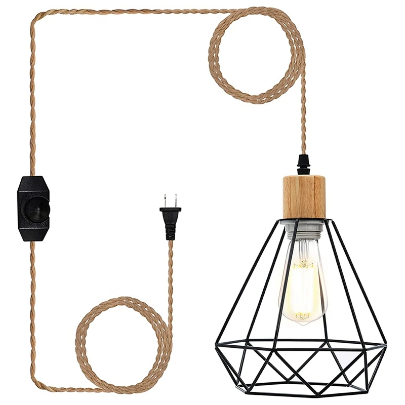 

Plug In Pendant Light With Dimmable Switch, Black Cage Wood Pendant Light Cord, E26 Socket Hanging Light US Plug