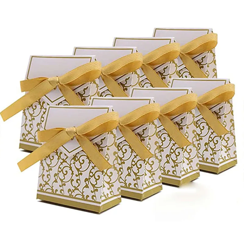 

50pcs/Lot Candy Dragee Box For Wedding Baptism Gold Silver Flower Printed Gift Cardboard Box Gifts For The Guests