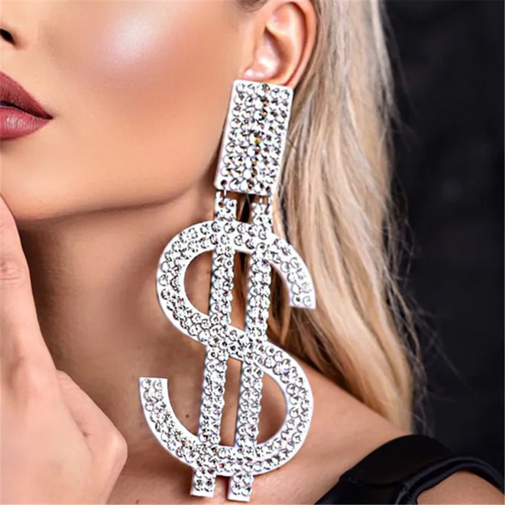 Novelly Rhinestone Super Large Dollar Icon Pendant Dangle Earings for Girl Crystal Geometric Statement Drop Earrings Accessories