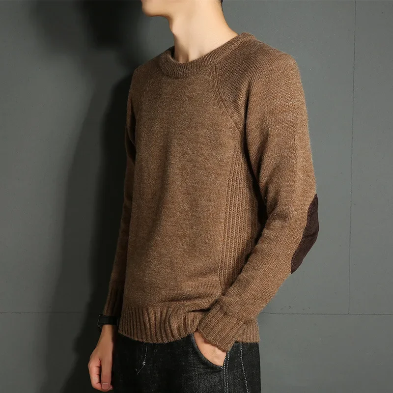 Мужской осенне-зимний однотонный свитер с круглым вырезом молодежная вязаная
