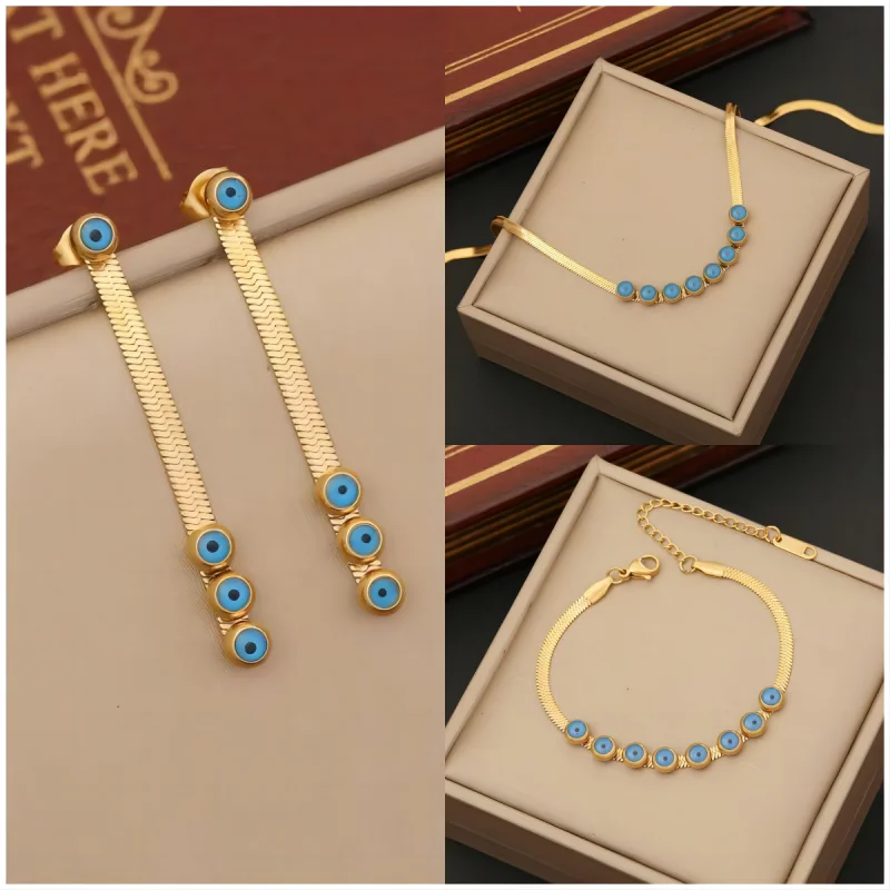 

Jewelry Set for Women Fashion Luxury Drops of Oil Eyes Gold Color Stainless Steel Necklace Bracelet Earrings Party Trend Gift