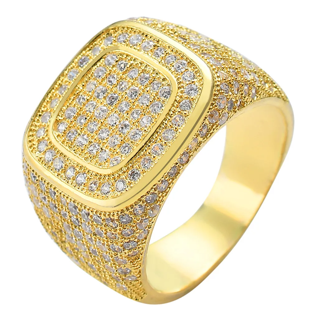 

New Gold-pltand Micro Zircon Ring Hip Hop CZ Ring Full Diamond Ring