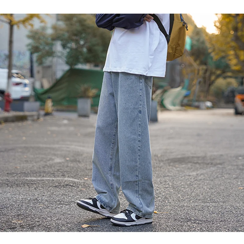Men Clothing 2022 New Pattern Vintage Recreational Wathet Pants Straight Cylinder Comfortable Versatile Loose Jeans Autumn Women