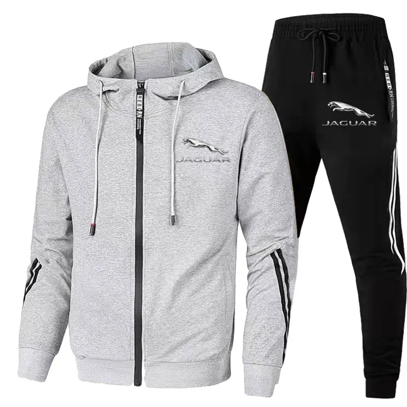 2023 New Tracksuit Men Jaguar Car Logo Print 2 Piece Sets Sportswear Zip Hooded Jacket Sweatshirt+Pants Gym Running Men Clothing