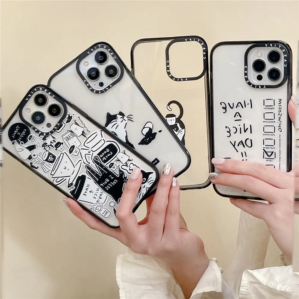 

Black Trouble Cat Acrylic Phone Case For iPhone 11 12 13 14 14Pro Max 14 Plus Break Cup Pattern Shockproof Silicone Bumper Cover