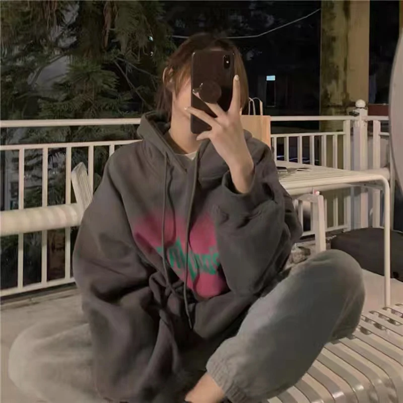 

Love Hoodie Women's Retro Alphabet Print Sweatshirt Loose Street Lazy Bf Style Casual Autumn And Winter Pullover