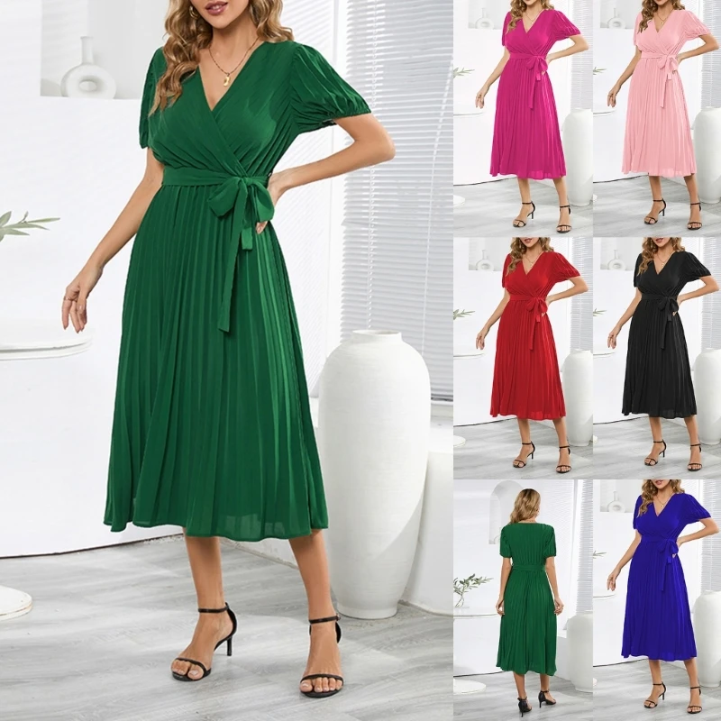 

Womens Summer Puff Short Sleeve Wrap V-Neck Midi Swing Dress Solid Color Belted High Waist A-Line Pleated Flared Dresses