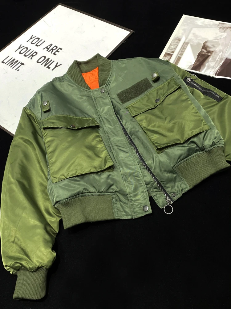 

[YOZOU] Winter Vintage Oversized Loose Cropped Short Green Bomber Patchwork Quilted Jacket Woman Top Outerwears Zipper Coat