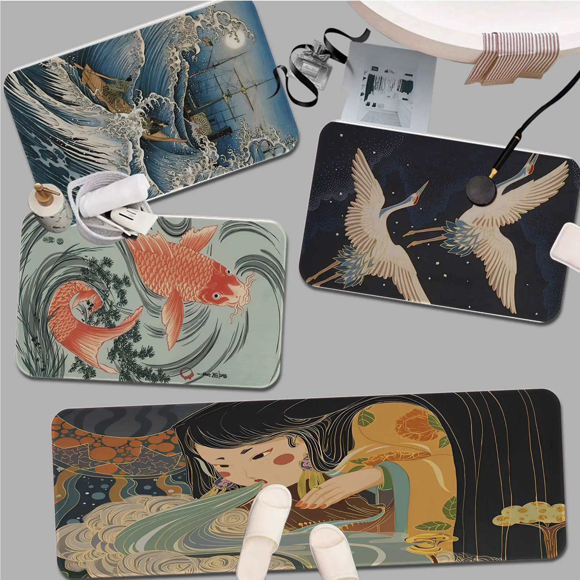 

Japanese Ukiyo-e Door Mat Rectangle Anti-slip Home Soft Badmat Front Door Indoor Outdoor Mat Toilet Rug
