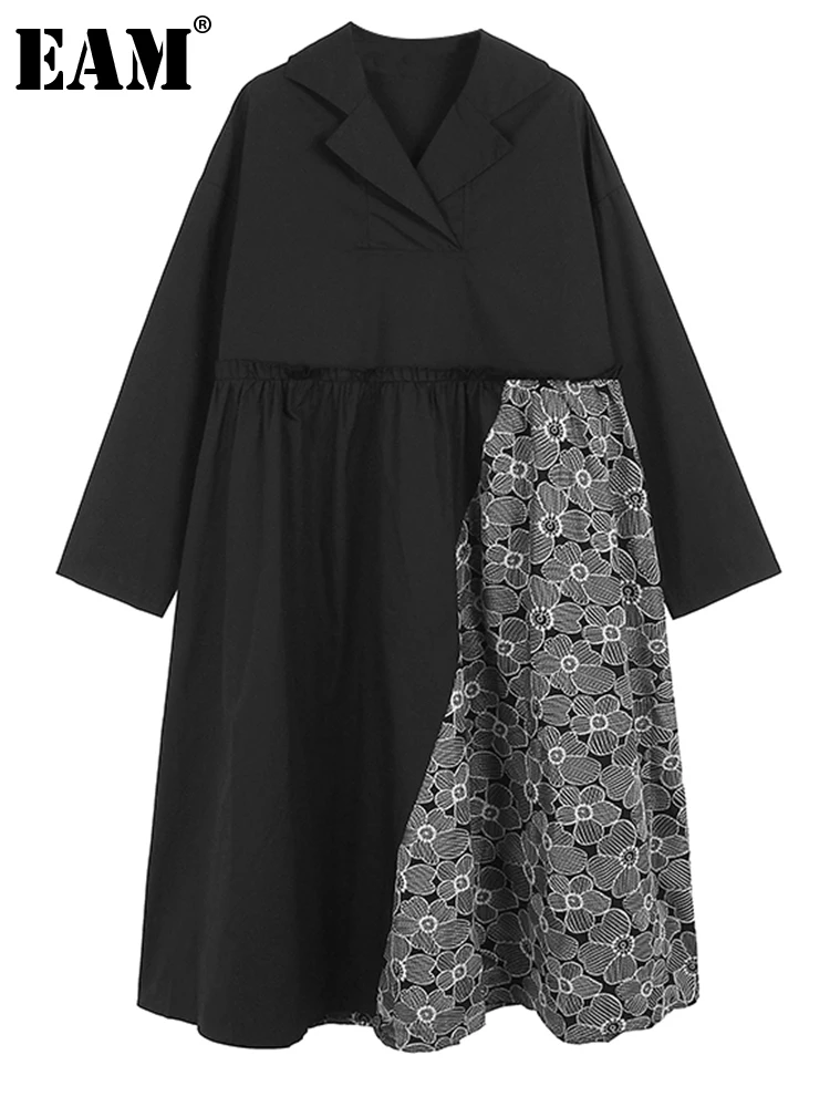 

[EAM] Women Black Embroidery Big Size Midi Shirt Dress New Lapel Long Sleeve Loose Fit Fashion Tide Spring Autumn 2023 1DH0334