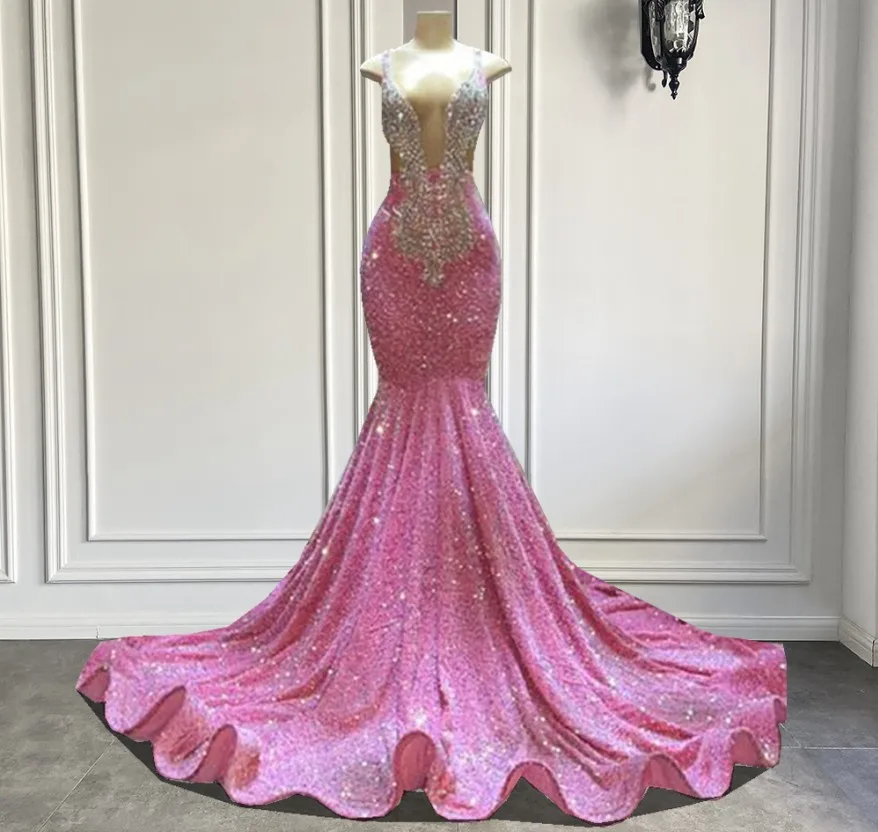 

Luxury Long Prom Dresses 2023 Sexy Mermaid Sparkly Pink Sequin Black Girls Crystals Gala Party Gowns For Birthday Robe De Soiree