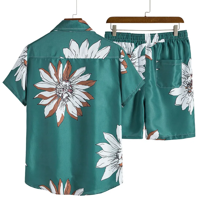 Floral Short-sleeved Shorts Shirt Suit For Men's Summer Oversized Five-half Sleeve Beach Two-piece Set