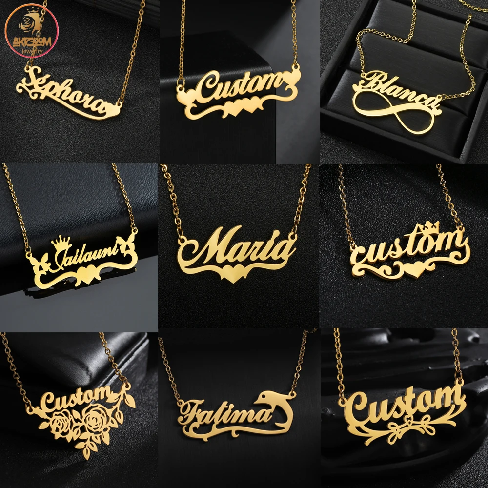 

Akizoom именные ожерелья на заказ, персонализированное ожерелье из нержавеющей стали, подвеска в виде букв, сердца, бабочки для женщин, ювелирн...
