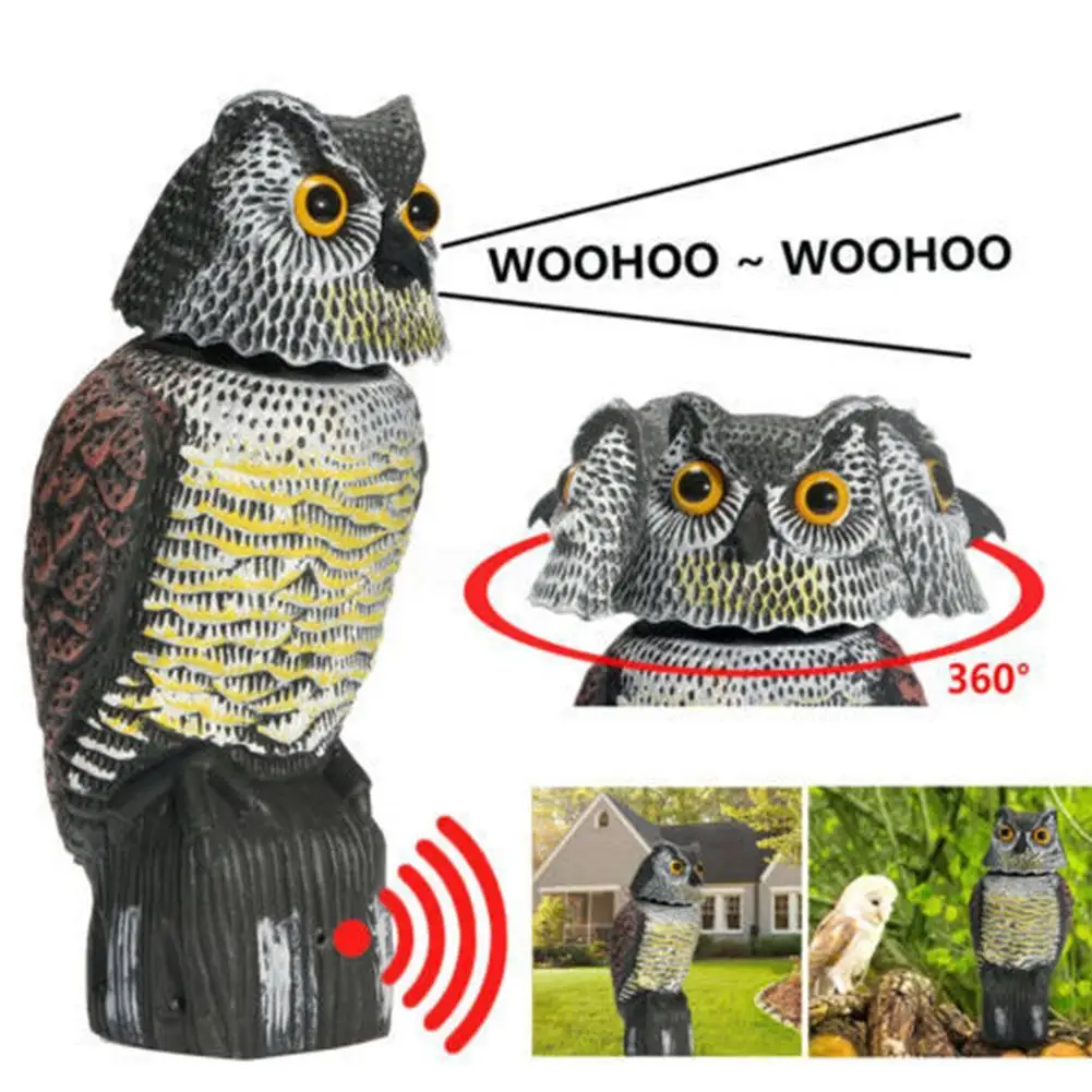 

Realistic Bird Scarer Plastic Owl Scarecrow with Rotating Head and Sound for Garden Yard Bird Repellent Outdoor Pest Control