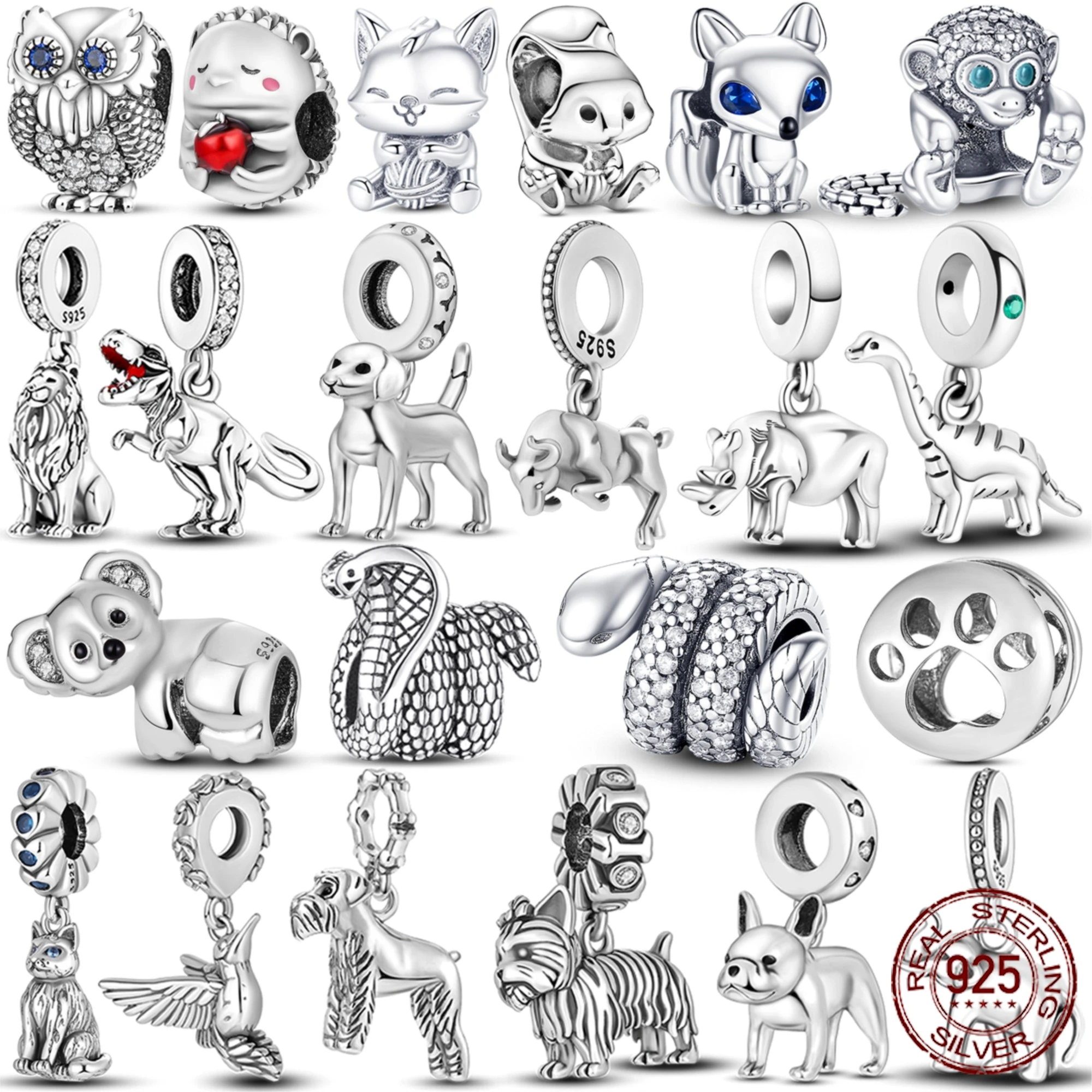 Серия животных стерлинговое серебро 925 лошадь белка слон лама змея лиса подходит