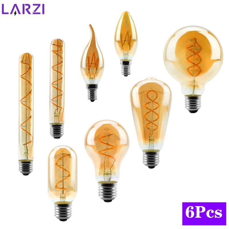 6pcs/lot LED Filament Bulb C35 T45 ST64 G80 G95 T225 Spiral Light 4W 2200K Retro Vintage Lamps Decorative Lighting Edison Lamp