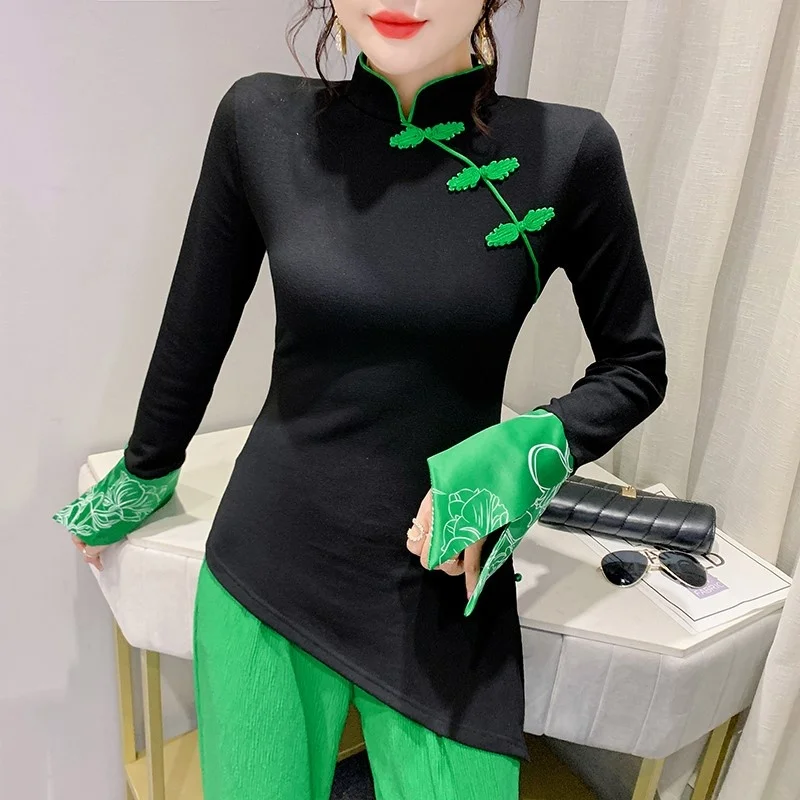 

#5638 Basic T Shirt Women Stand Collar Chinese Style Vintage Casual Irregular Women T-shirt Cotton Long Sleeve T-shirt Femme
